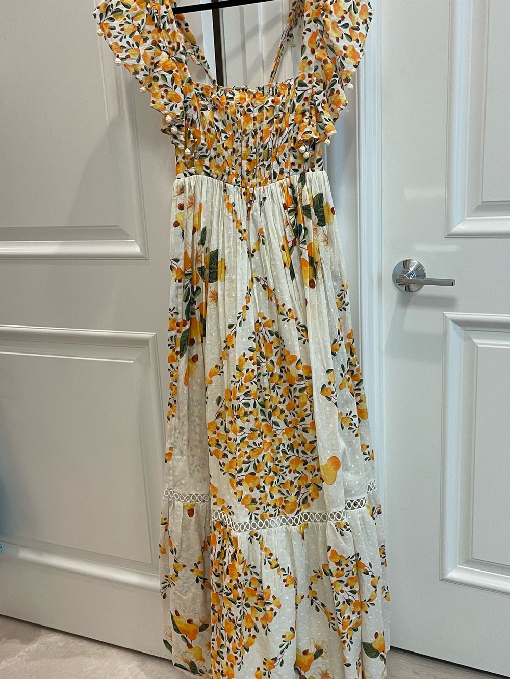 FARM Rio Cashew Ruffle Crossback Maxi Dress White Orange Floral S - Picture 2 of 16
